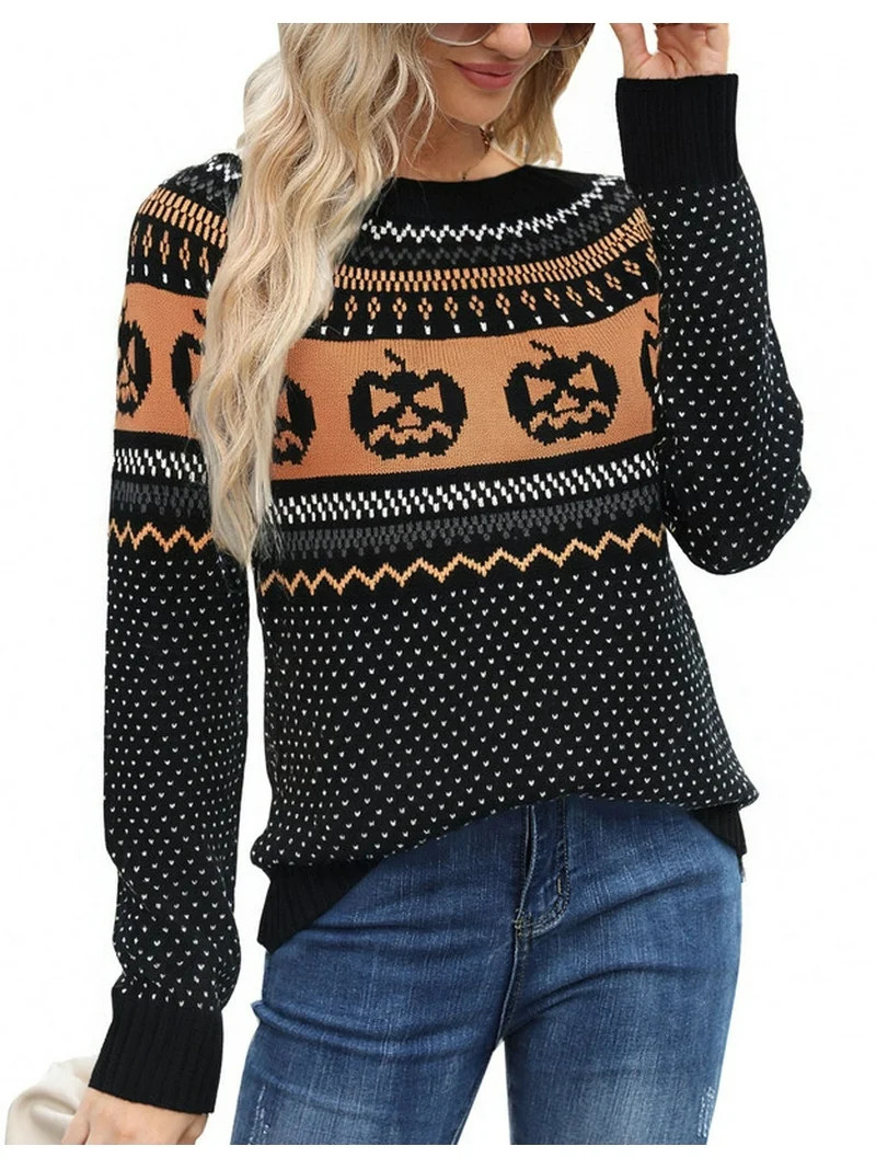 Halloween Sweaters for Women 2024 Pumpkin Print Pullover Sweater Casual Loose Knitted Crewneck Sw... | Walmart (US)