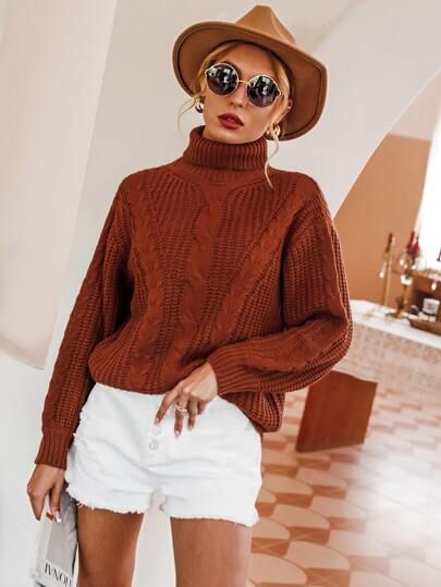 Turtle Neck Drop Shoulder Cable Knit Sweater | SHEIN
