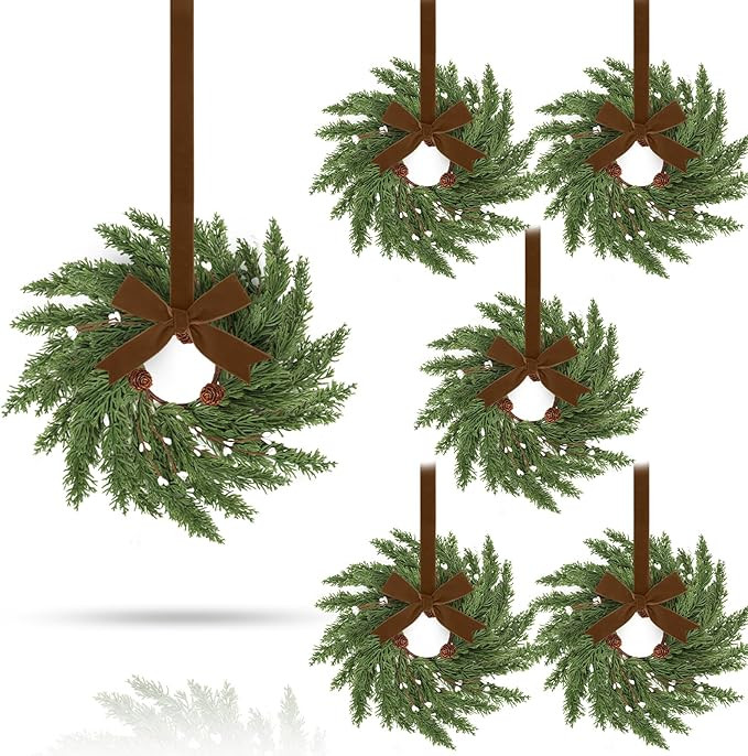 6 Pcs 9'' Mini Christmas Hanging Wreaths with Khaki Velvet Ribbon Artificial Pine Cones Small Can... | Amazon (US)