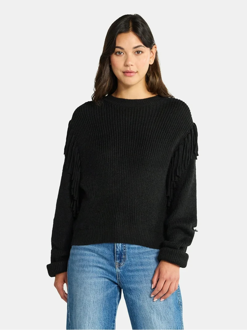 Time and Tru Women's Fringe Pullover Sweater, Midweight, Sizes XS-XXXL - Walmart.com | Walmart (US)
