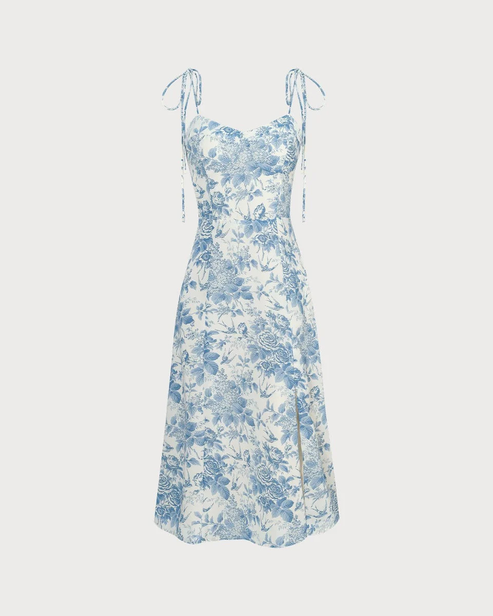 The Blue Sweetheart Neck Shirred Midi Dress | rihoas.com