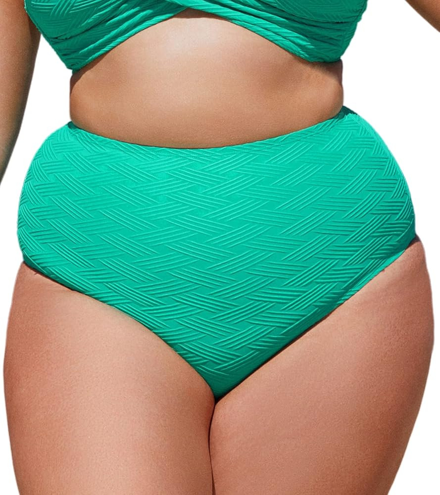 CUPSHE Women Swimsuit Plus Size Bikini Bottom High Waisted Full Coverage Bathing Suit Textured Pa... | Amazon (US)