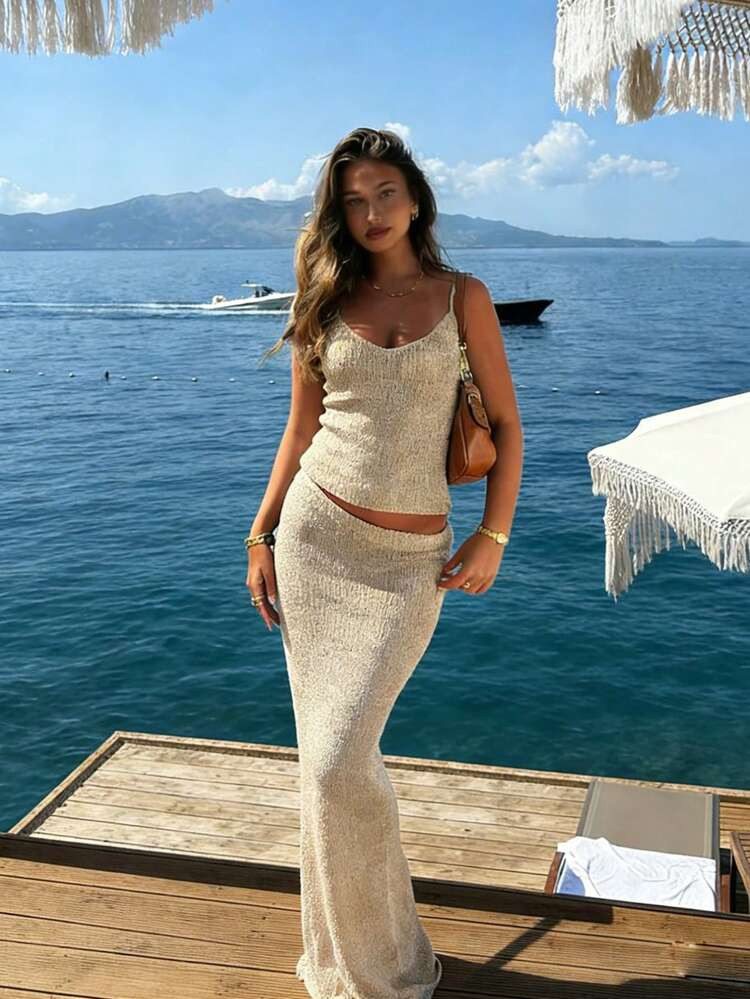 FOR BEAUTY Women's New Spring/Summer Knit Set, Camisole Top Paired With Fitted Long Skirt, Beach Resort Casual Style, Apricot Solid Color 2-Piece Set, Suitable For Women's Summer Travel And Beach Vacation | SHEIN