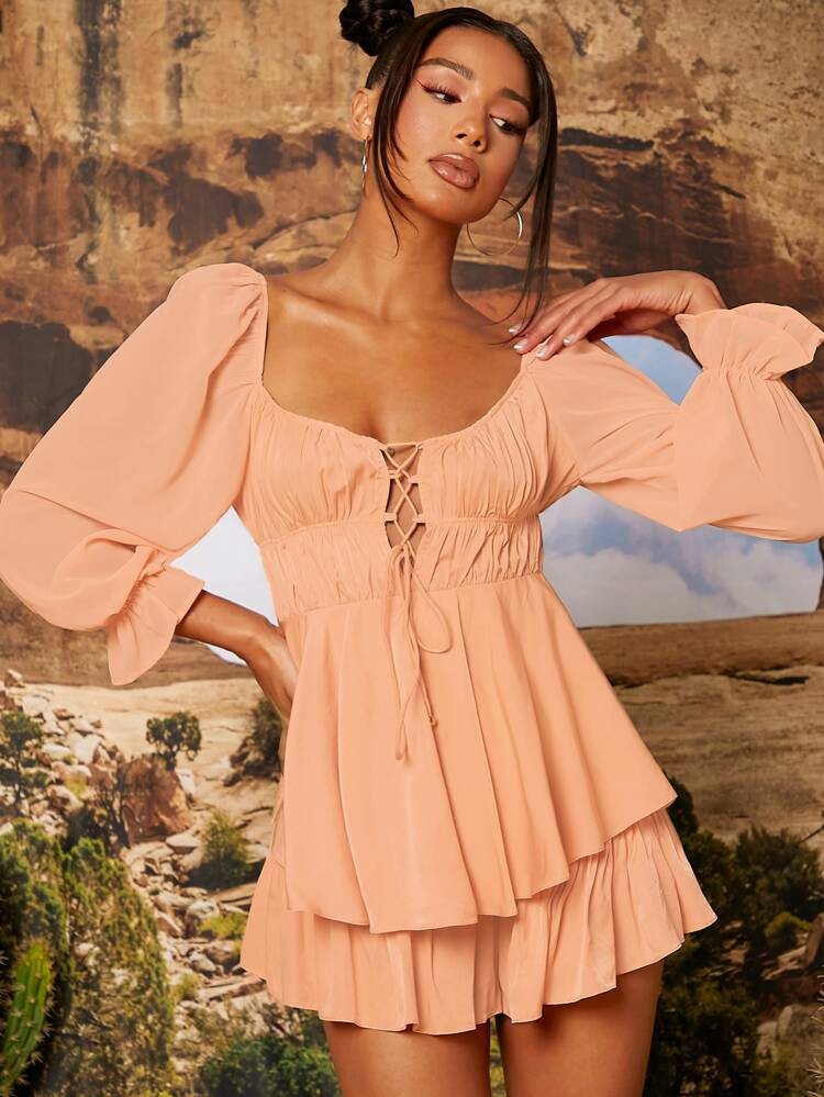 SHEIN Ruched Bust Lace Up Layered Hem Romper | SHEIN