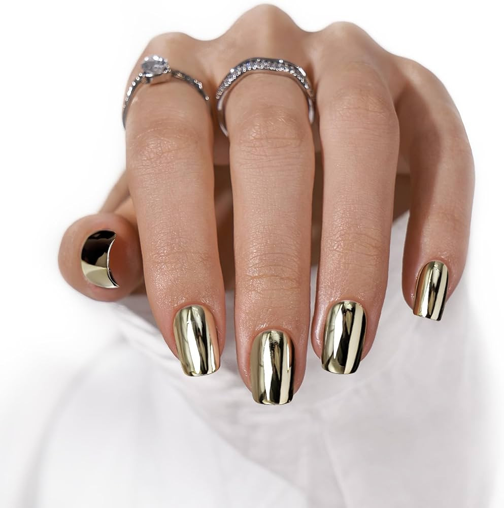 BTArtbox Press On Nails Short -Mirror Metal Gold Press On Nails Square for Gifts, Chrome Glazed F... | Amazon (US)