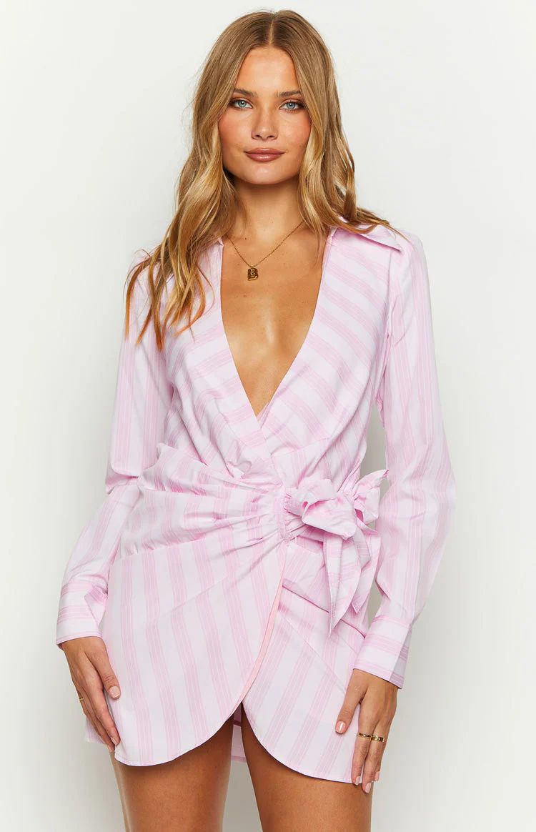 Holly Pink Stripe Tie Up Shirt Mini Dress | Beginning Boutique (US)