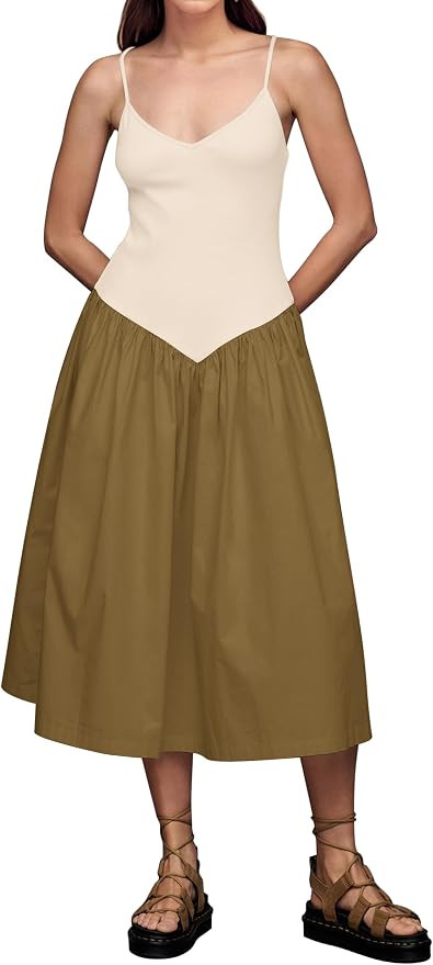 MISSACTIVER Spaghetti Strap Maxi Dress for Women Sleeveless V Neck Knit Patchwork Dresses Summer ... | Amazon (US)