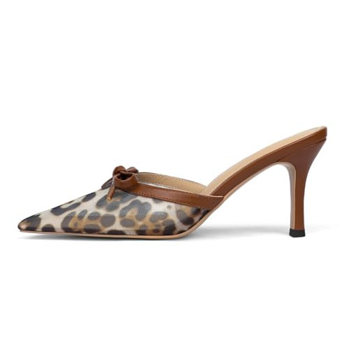 Caradise Leopard Heels for Women Mesh Closed Pointed Toe Slip On Mules Stilettos Sexy Backless Kitten Sandas Wedding Pumps Shoes Leopard Size 9 | Amazon (US)