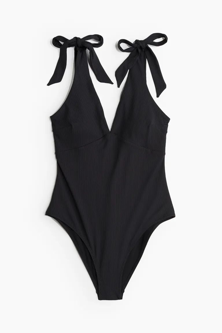 High Leg Swimsuit - V-neck - Sleeveless - Black - Ladies | H&M US | H&M (US + CA)
