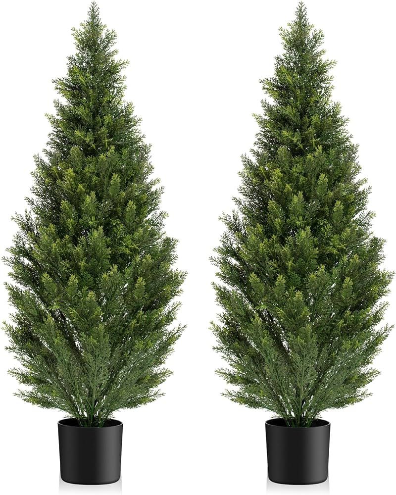 Two 4FT Artificial Topiary Cedar Trees Tall, Outdoors UV Protection Fake Cypress Tree, Realistic ... | Amazon (US)