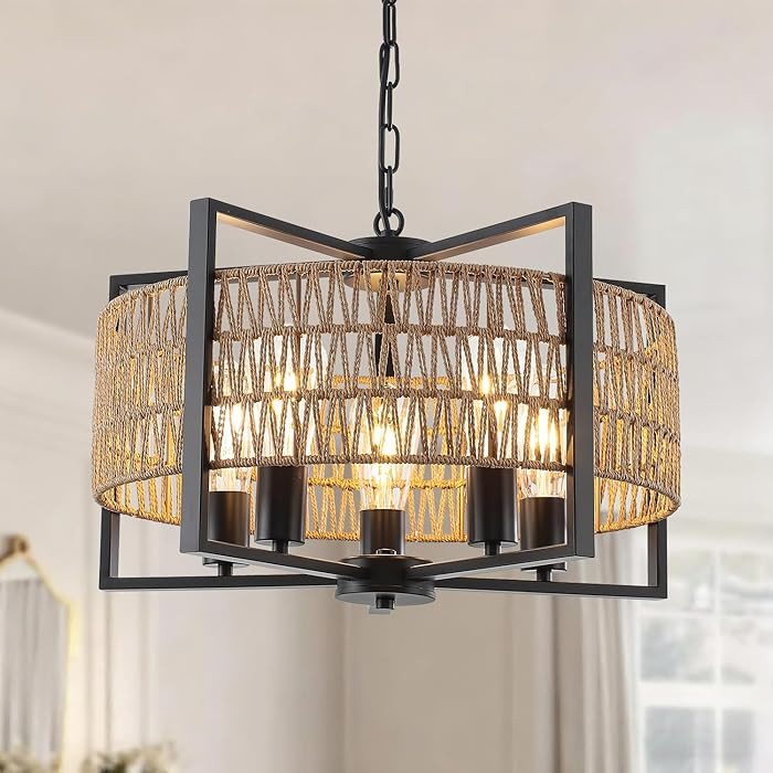 5-Light Boho Rattan Chandelier, 19.7" Rattan Pendant Light Boho Light Fixture Farmhouse Chandelie... | Amazon (US)