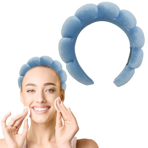 Spa Makeup Headbands for Women, Sponge Skincare Face Wash Headband for Washing Face - Velvet Bubble Soft Get Ready Hairband for Women Girl Puffy Headwear Non Slip Thick Hair Hand (Velvet Blue) | Amazon (US)