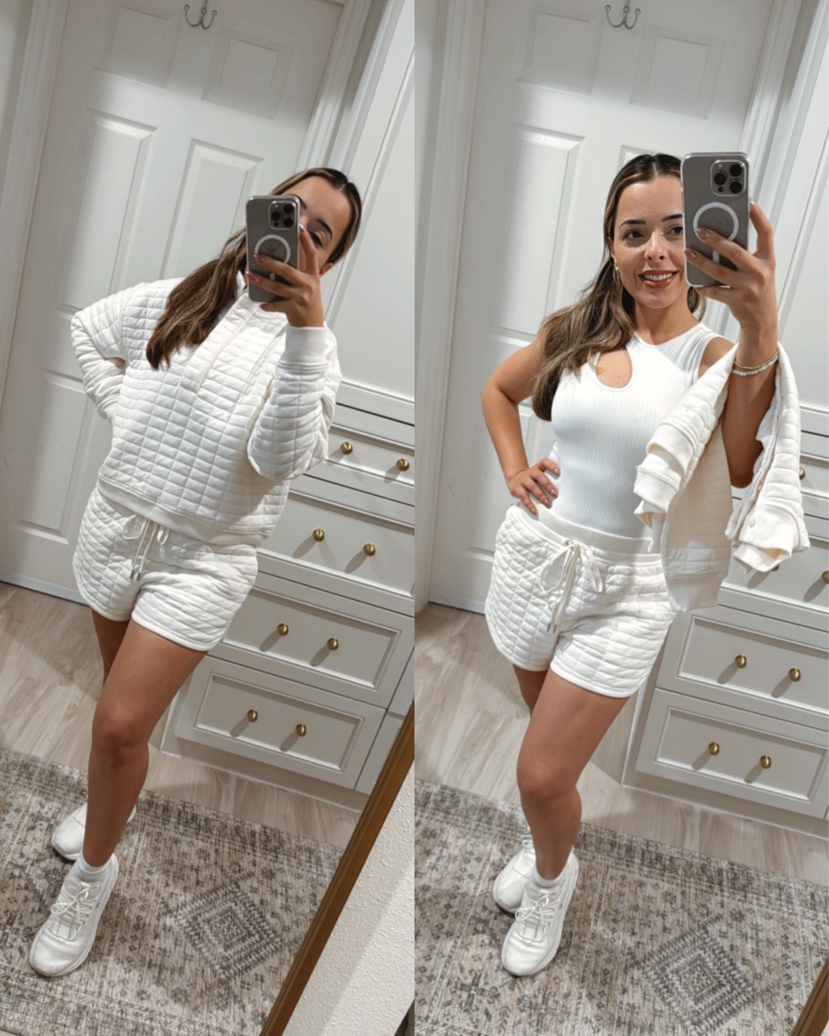 Travel outfit idea | Airport outfit | Fitness apparel | Ivory short and sweatshirt | Quilted short and sweatshirt

#LTKfitness #LTKshoecrush #LTKtravel