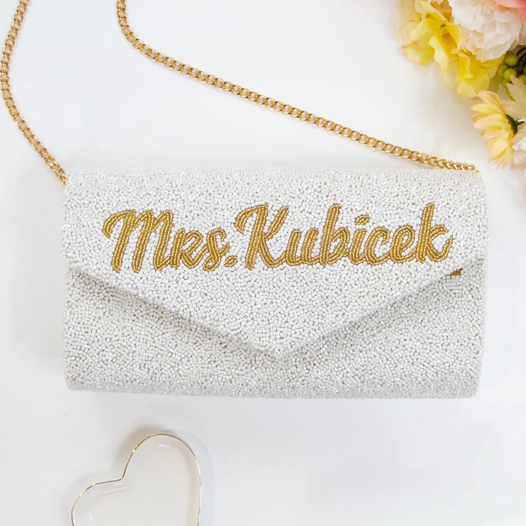 Bride Beaded Clutch, Custom Bachelorette Purse, Personalized Mrs. Last Name Clutch Bag, Bride See... | Etsy (US)