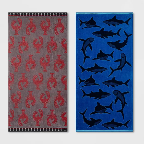 2pk XL Shark and Lobster Beach Towel Set Red/Blue - Sun Squad™ | Target