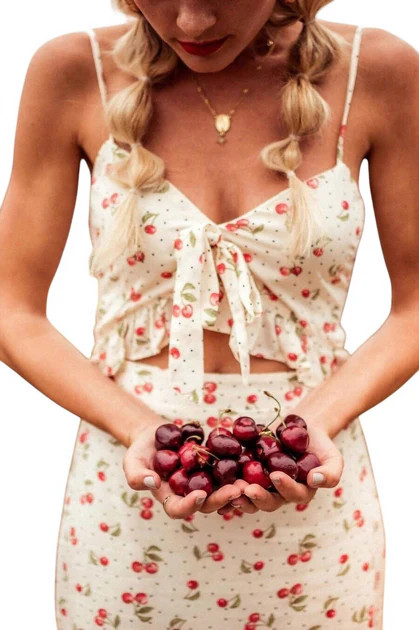 Ruffle Front Tie Cherry Print Dress In Ivory, Red | Shop Simon