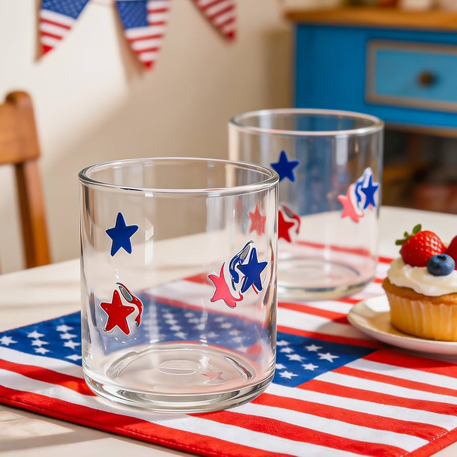 Whaline 2 Pcs Patriotic Icon Juice Glass 14 Oz Red Blue Star Stemless Wine Glass Independence Day... | Amazon (US)