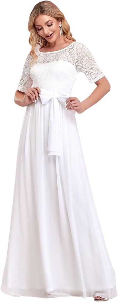 Ever-Pretty Women Lace Illusion Short Sleeve Chiffon Wedding Party Dress 07624 | Amazon (US)