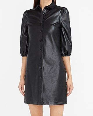 Faux Leather Shirt Dress Black Women's L | Express