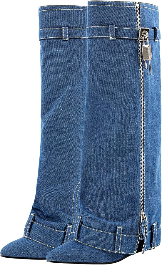 Richealnana Women's Denim Fold Over Knee High Boots Zipper Lock Pointed Toe Wedge Heel Long Boots | Amazon (US)