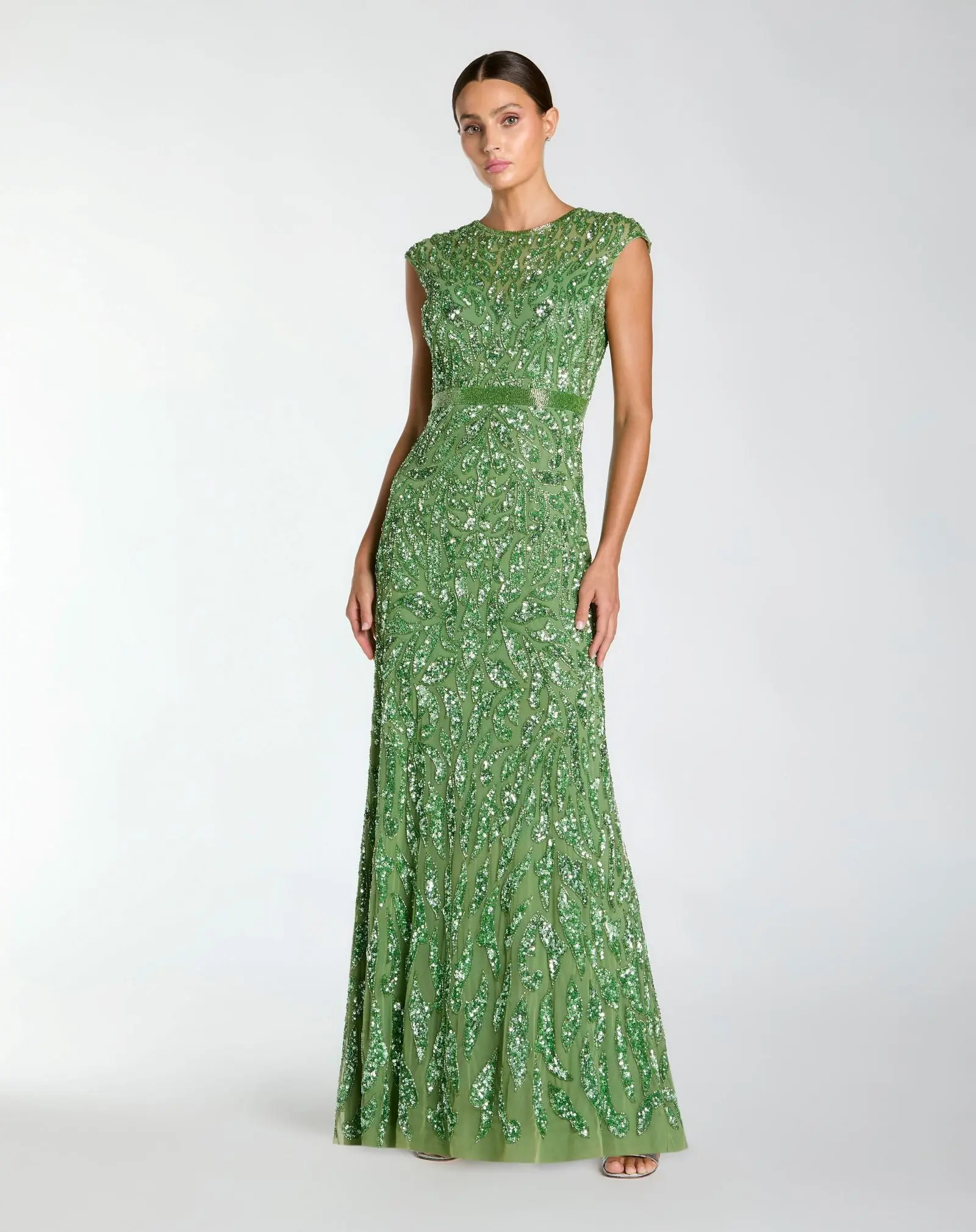 Mac Duggal - Green Embellished High Neck Cap Sleeve Gown - US 12 | Mac Duggal