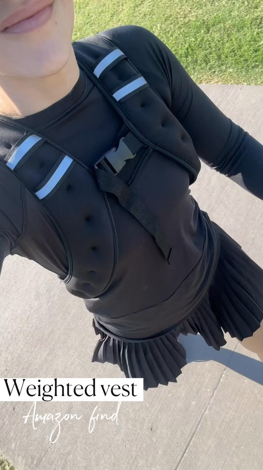 Weighted vest - I’ve been walking with one for over a month now and noticed that I’m stronger, I burn more calories and overall my workouts are EASIER because of my improved strength.

I’m wearing the 12 lbs vest but start light and work your way to heavier vests. Comes in 8 lbs as well.

Also the visor really protects your face from the sun. Looks silly I know but it WORKS 👏🏻

Amazon find
Workout 
Fitness 
Tennis skirt
