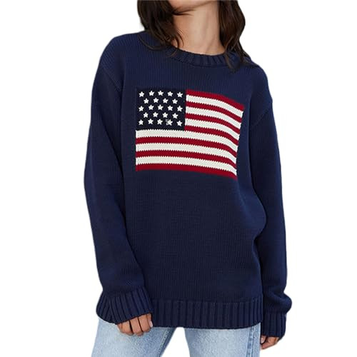 Women American Flag Sweater Long Sleeve Crew Neck Loose Fit Knit Pullover Tops USA Casual Loose Pullover Sweater Navy Blue | Amazon (US)