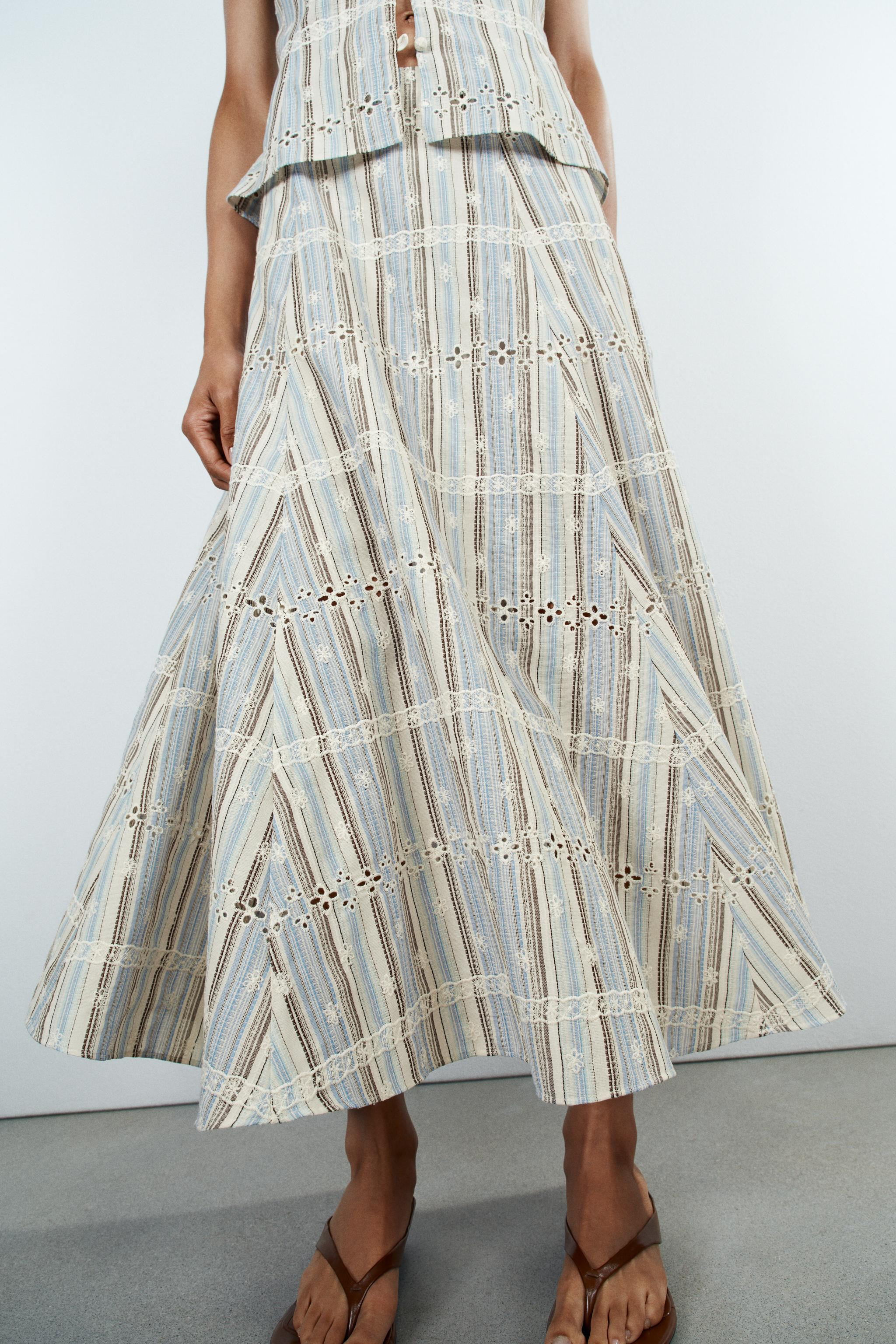 STRIPED EMBROIDERED MIDI SKIRT | Zara US