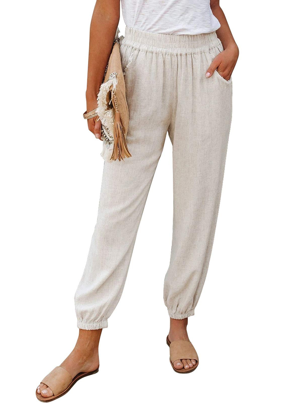 Dokotoo Womens Casual Elastic Waist Solid Comfy Jogging Jogger Pants with Pockets | Amazon (US)