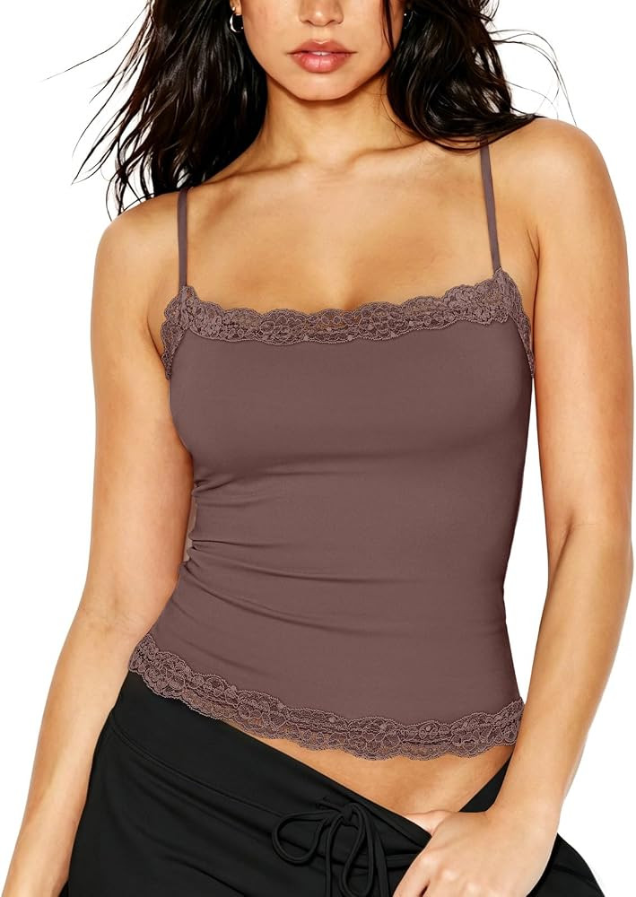 SUUKSESS Women Lace Double Lined Camisole Top Spaghetti Strap Going Out Tank Top | Amazon (US)