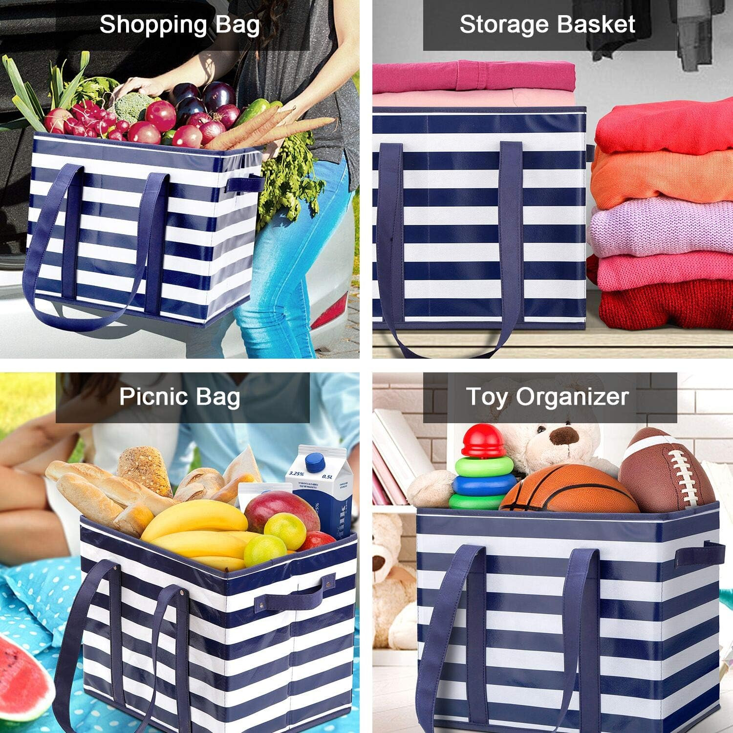 WiseLife Reusable Grocery Bags Boxes Storage Basket[3 Pack],Water Resistant Durable Shopping Bags... | Amazon (US)