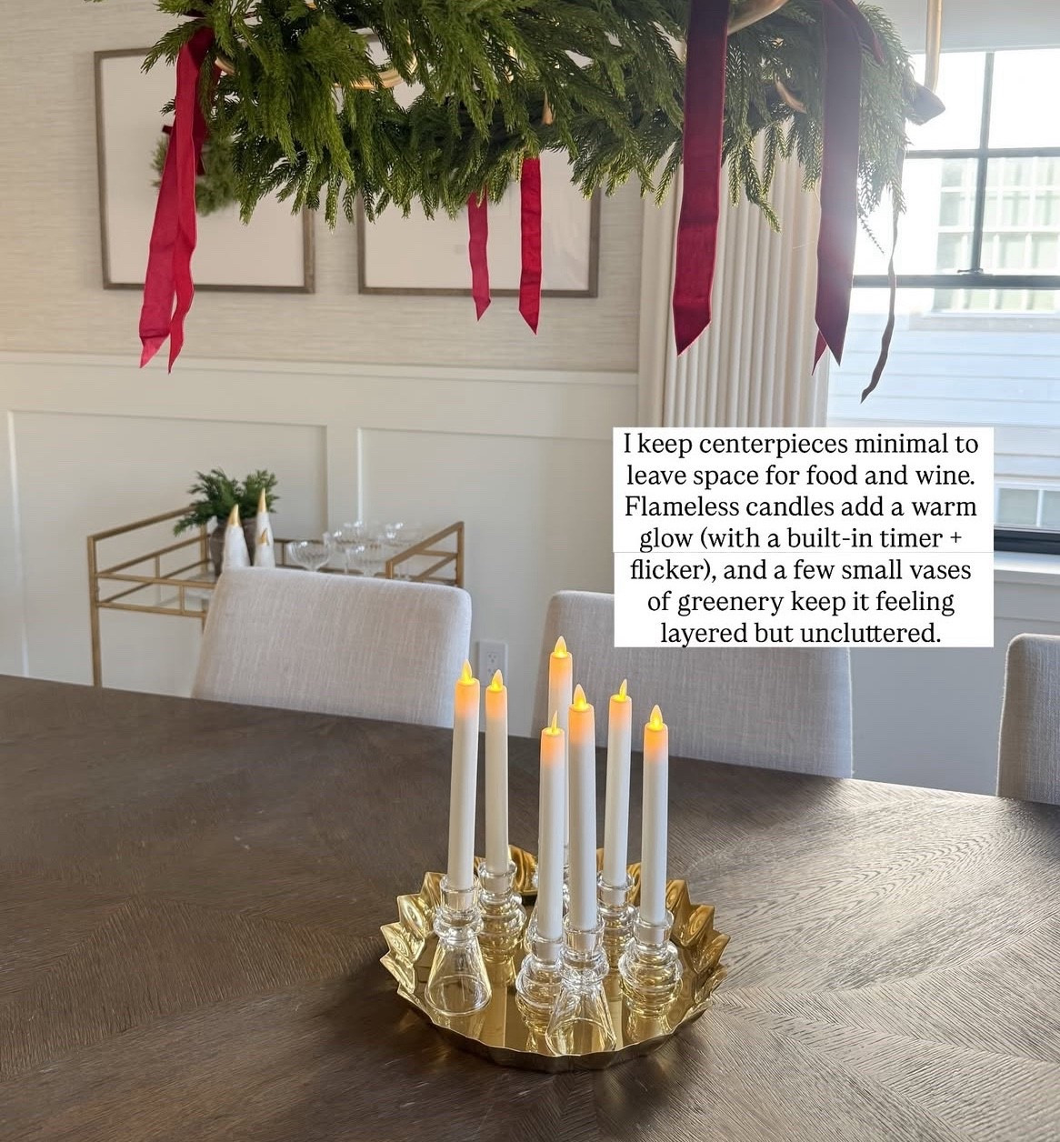 Holiday dining room details 🤍
When I’m hosting, I like to keep the table festive but minimal—leaving plenty of space for food and wine. Simple centerpieces, flameless candles with a soft flicker (and built-in timer), and subtle greenery keep things feeling classic and unfussy. I also love adding holiday touches off the table, like mini wreaths on gallery frames and garland or bows on the chandelier, to create height and interest without clutter.

Everything linked here—mix of exact pieces and look-for-less finds to recreate this holiday-ready dining room.

#LTKSeasonal #LTKHoliday #LTKHome
