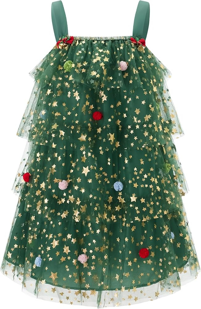 Felcia Women's Christmas Tree Tulle Dress Glitter Star Sleeveless Square Neck Loose Layered Chris... | Amazon (UK)