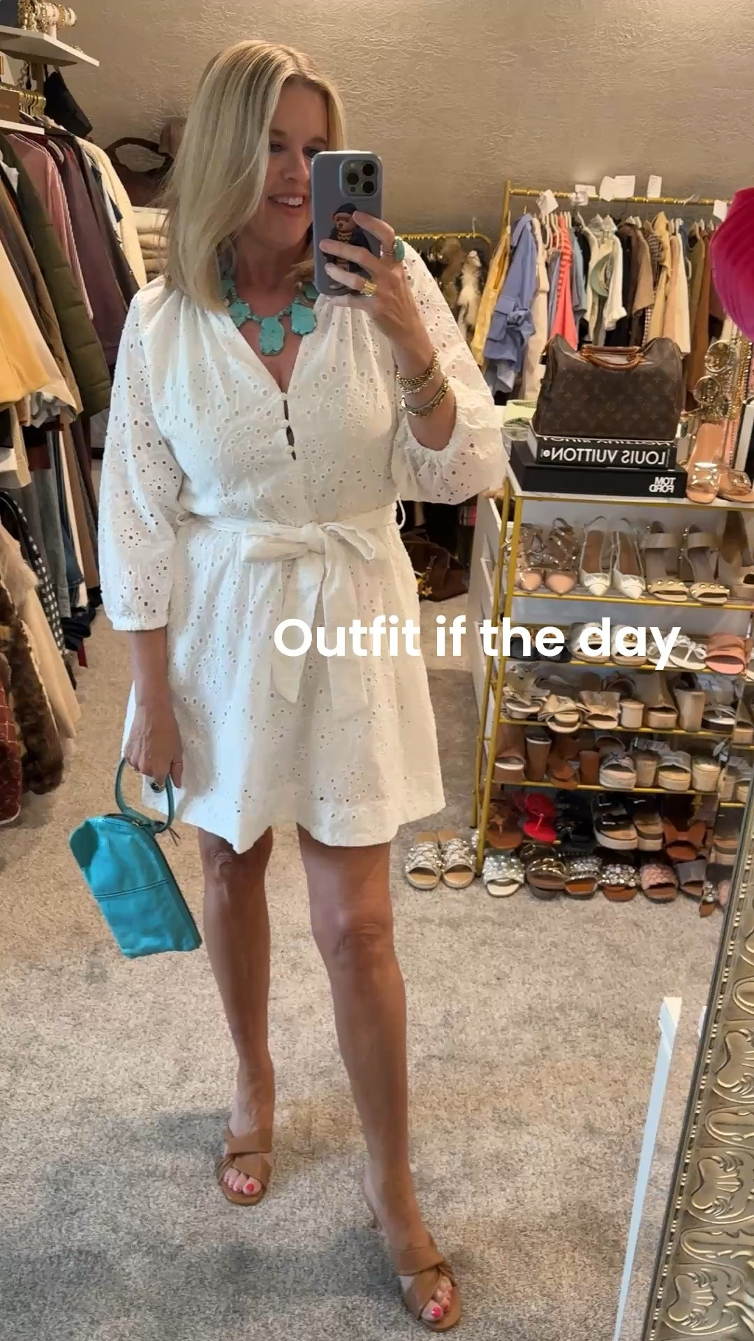 Spring & Summer outfit 
Inspiration 

White dress
Eyelet tie waist white dress fully lined with pockets 

Turquoise chunky statement necklace 

Hobo leather clutch 

Inez nude cross knot detail kitten heal- so very comfortable 

Turquoise beaded hoops

#LTKgrwm #LTKootd #LTKSaleAlert