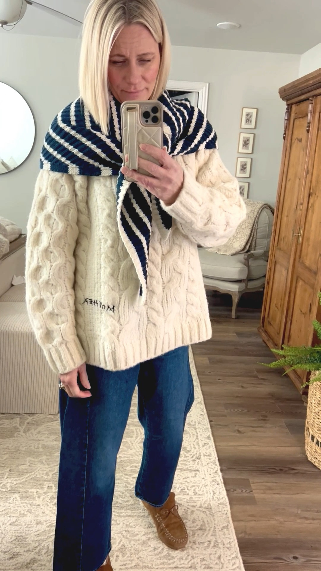 My scarf is sold out.  This Mother wool sweater is well made!  These mother jeans size up one size.  Sweater true to size fits oversized 

#LTKootd #LTKOver40 #LTKU