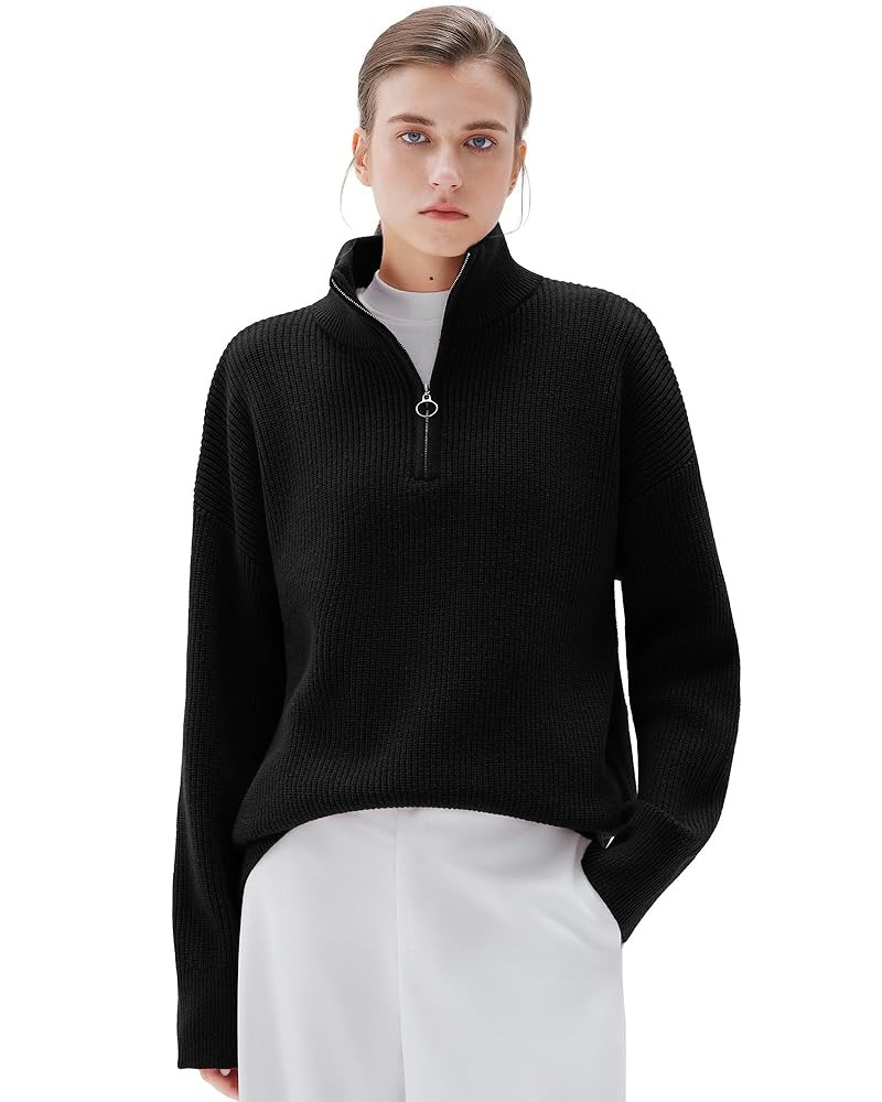 SUUKSESS Women Cashmere Oversized Quarter Zip Pullover Sweater Long Sleeve Collared Ribbed Knit J... | Amazon (US)