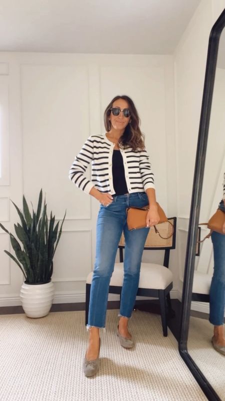 Friday outfit. This classic stripe sweater blazer is fully restocked. Tts but kinda wish I had sized up to small for more length (still love it though).

Mother Jeans - tts  
Sam Edelman flats old - linking great alternatives 

#LTKSeasonal #LTKstyletip #LTKitbag