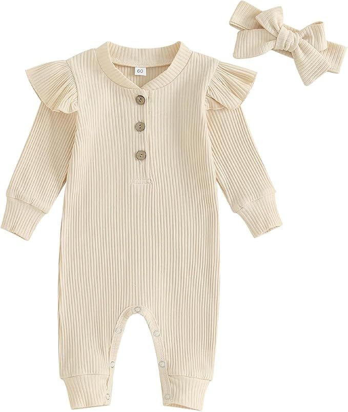 Newborn Baby Girl Solid Romper Clothes Long Sleeve Ribbed Onesie Bodysuit Infant Knitted Jumpsuit... | Amazon (US)