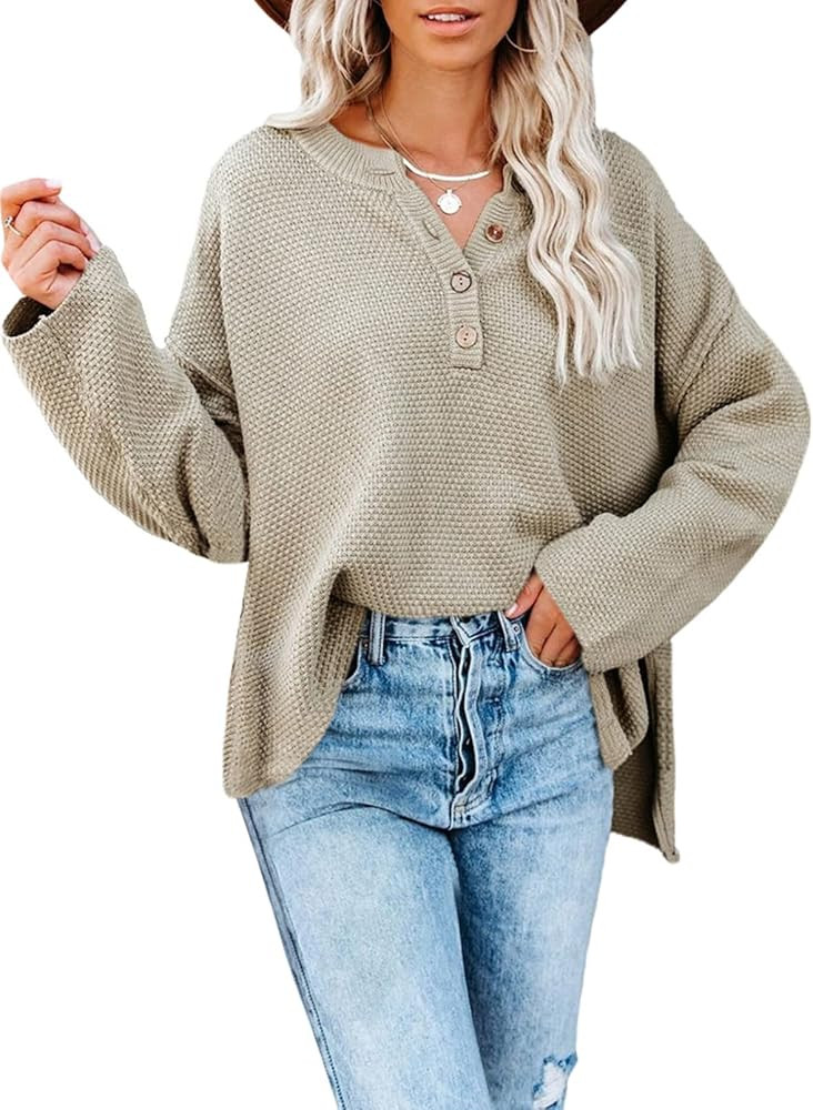 SHEWIN Women's Long Sleeve V Neck Button Knit Fall Pullover Sweaters Knit Jumper Tops | Amazon (US)