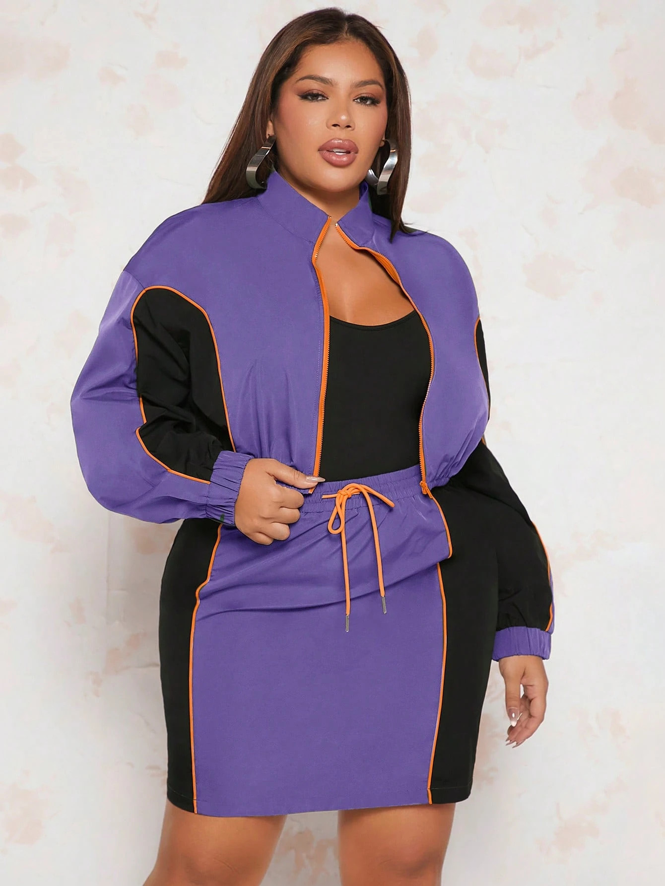 SHEIN SXY Plus Colorblock Contrast Binding Jacket & Drawstring Waist Skirt | SHEIN