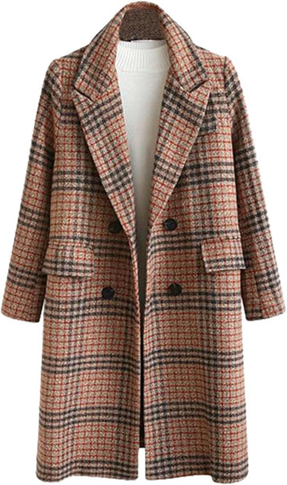 SOMTHRON Women's Plaid Trench Coat Oversize Double Breasted Lapel Jacket Mid-Long Winter Pea Coat... | Amazon (US)