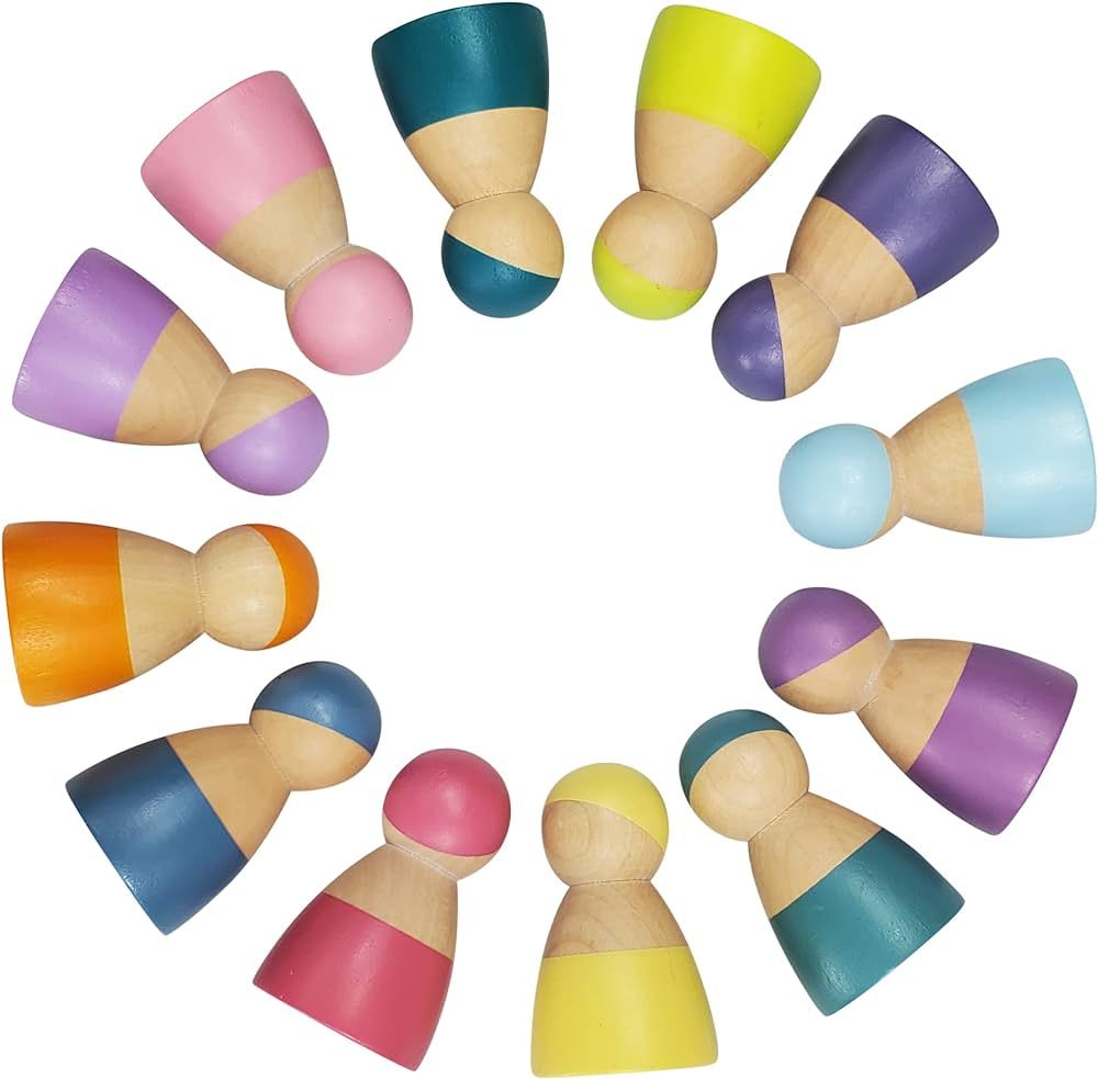 TEKOR 12 Pcs Wooden Pastel Rainbow Peg Dolls Toy | Pretend Play Little People Figures for Toddler... | Amazon (US)