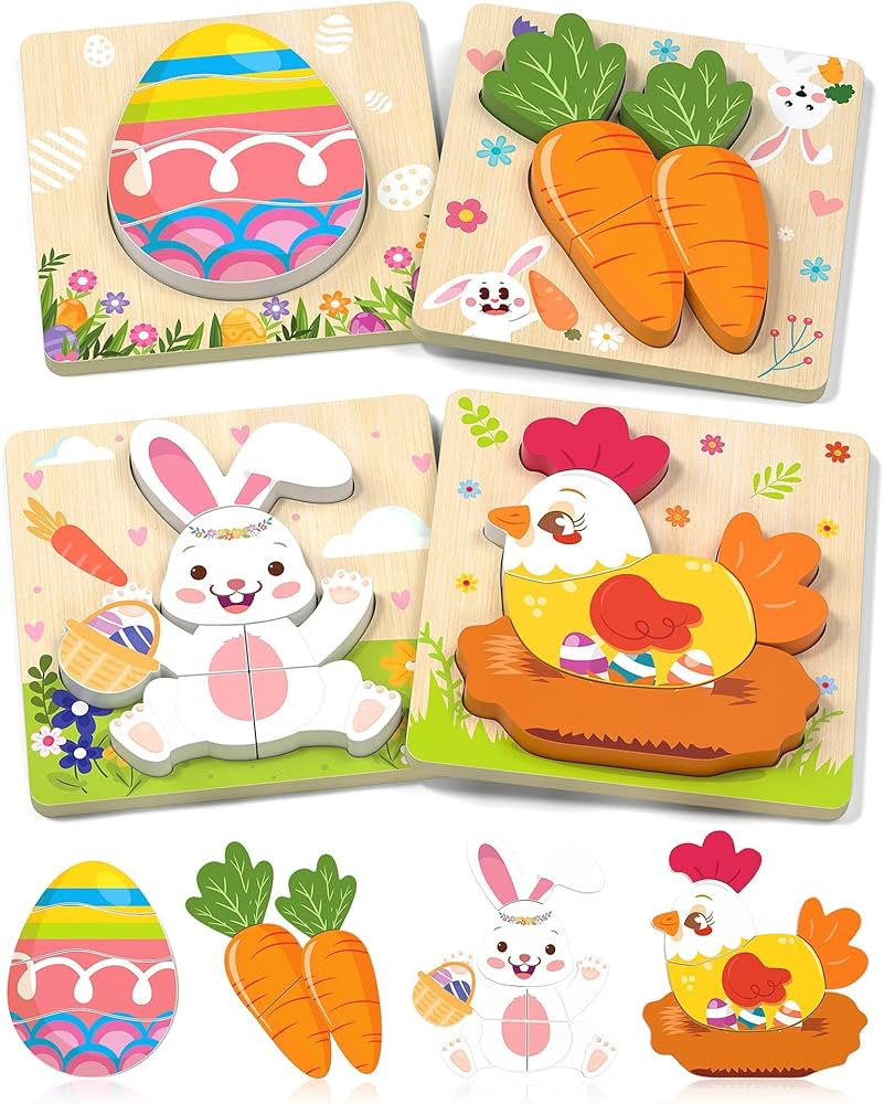 Easter Wooden Puzzles Toddler Toys, 4 Pack Party Favors Baskets Essentials Birthday Gifts Montess... | Amazon (US)