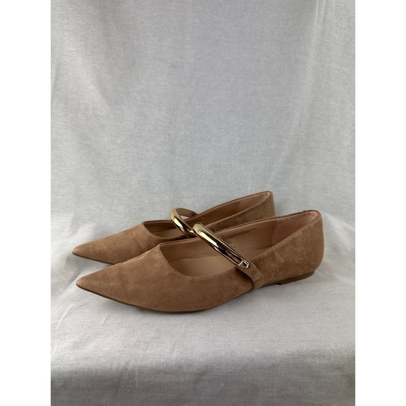 A New Day Womens Pointed Toe Mary Jane Flats Tan Faux Suede Gold Metallic Strap | Poshmark