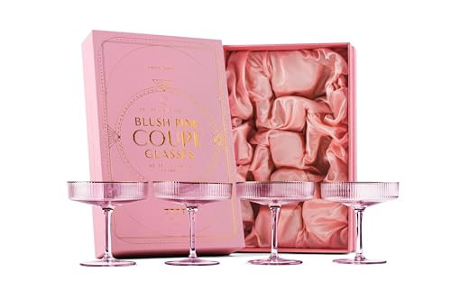 GLASSIQUE CADEAU Vintage Art Deco Blush Pink Coupe Glasses with Gold Rims | Set of 4 | 7 oz Crystal Ribbed Cocktail Glassware for Drinking Champagne, Martini, Cosmopolitan | Girly Speakeasy Saucers | Amazon (US)