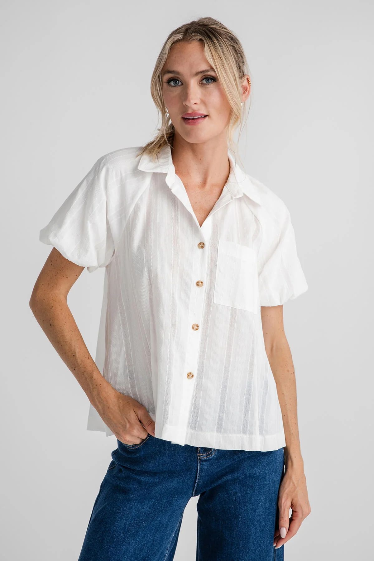 Hem &amp; Thread Button Down Bubble Sleeve Blouse | Social Threads