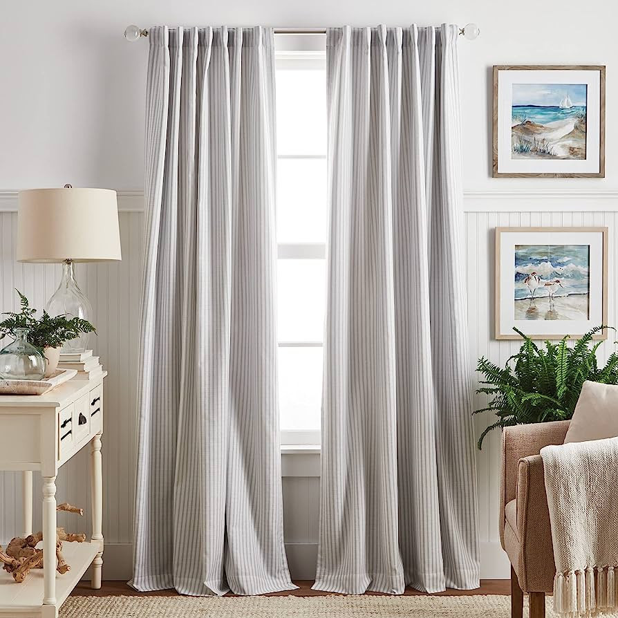 MARTHA STEWART Ticking Stripe Blackout Lining Rod Pocket/Back Tab Window Curtain Panel Pair, 84",... | Amazon (US)
