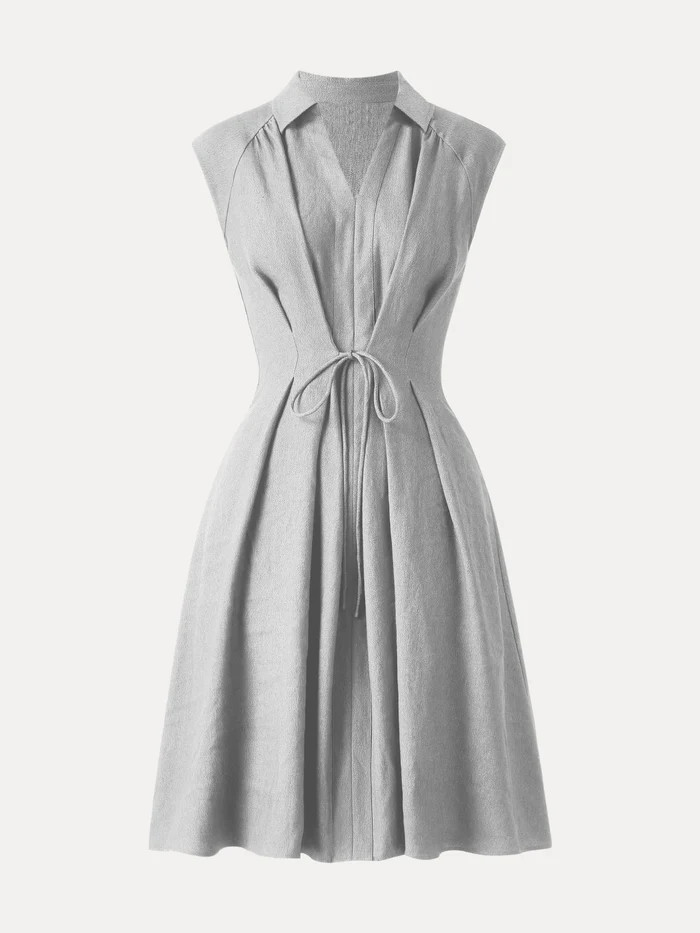 Viscose-Linen Collared V-neck Midi Dress with Drawstring | OGLmove