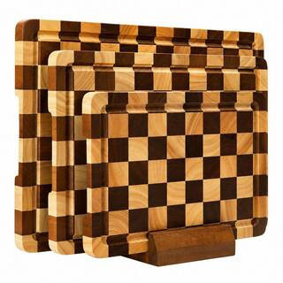 3-Piece Checkerboard Wood Cutting Board Set with Stand, Juice Groove, Handle, Non-Slip Pads for Kitchen | The Home Depot
