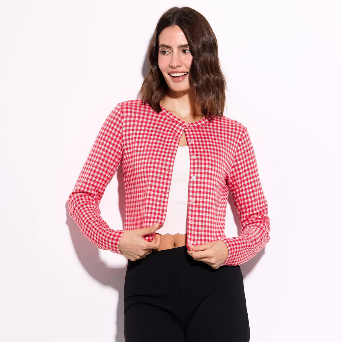 Women's Cardigan - Wild Fable™ Red Gingham M | Target